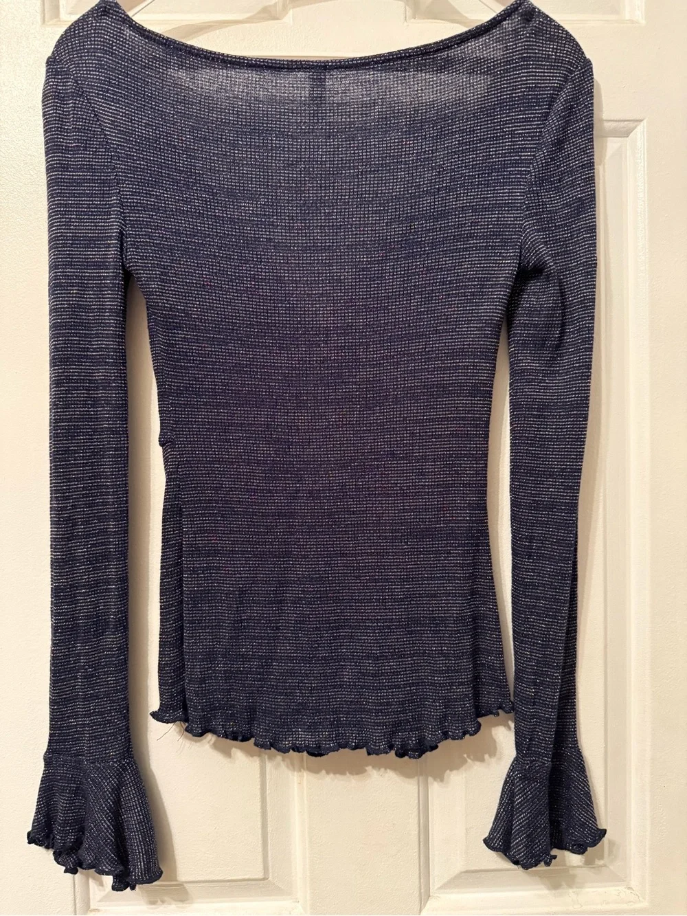 Intimately Free People Navy Metallic Ruched Tie Front Bell Sleeve Top XS NWOT